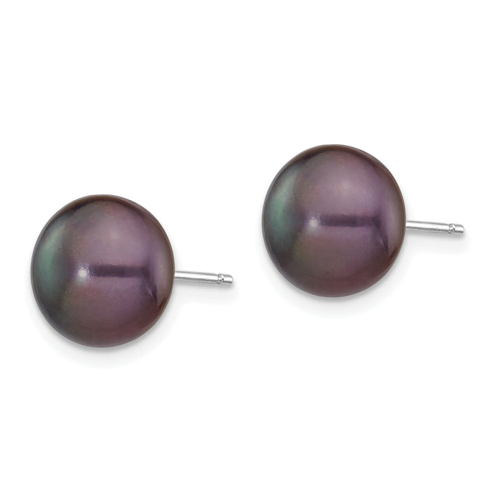 14k White Gold 9-10mm Black Button FW Cultured Pearl Stud Post Earrings-XW90BB
