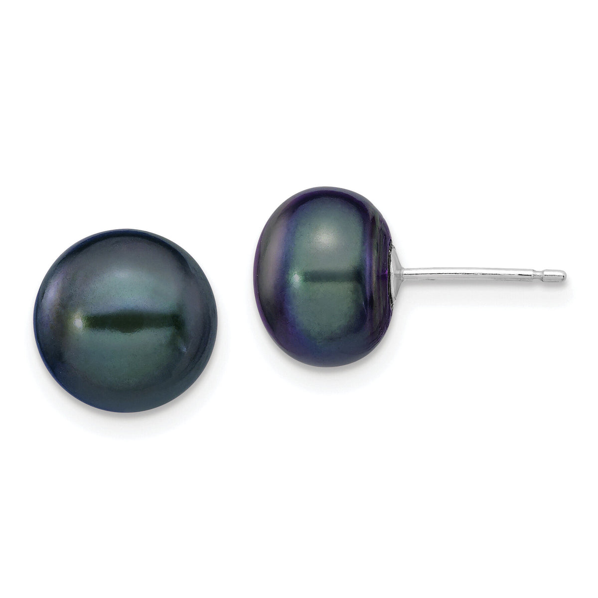 14k White Gold 9-10mm Black Button FW Cultured Pearl Stud Post Earrings-XW90BB