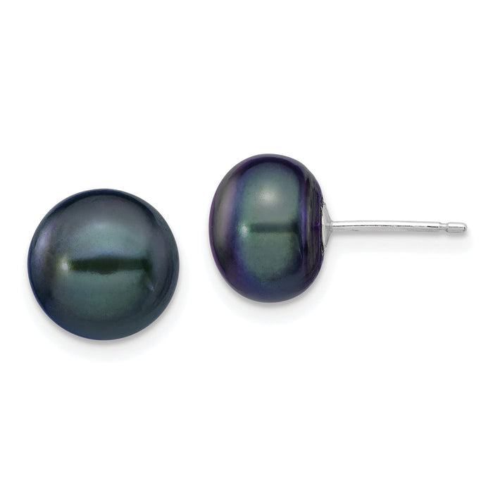 14k White Gold 9-10mm Black Button FW Cultured Pearl Stud Post Earrings-XW90BB