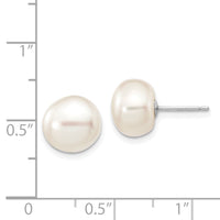 14k White Gold 9-10mm White Button FW Cultured Pearl Stud Post Earrings-XW90BW