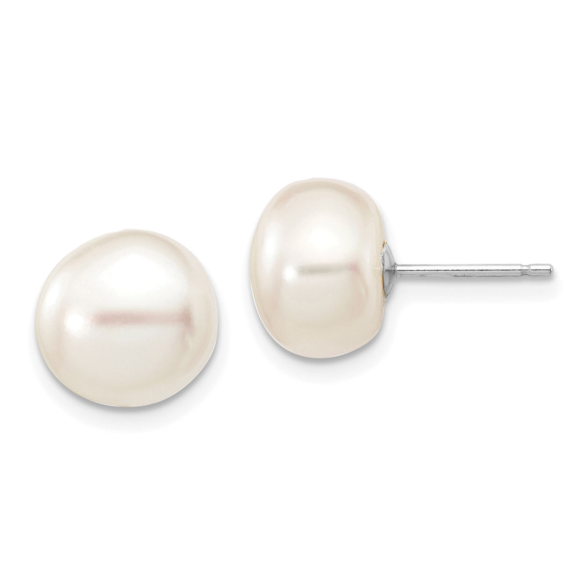 14k White Gold 9-10mm White Button FW Cultured Pearl Stud Post Earrings-XW90BW