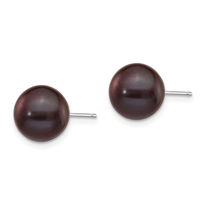 14k White Gold 9-10mm Black Round FW Cultured Pearl Stud Post Earrings-XW90PB