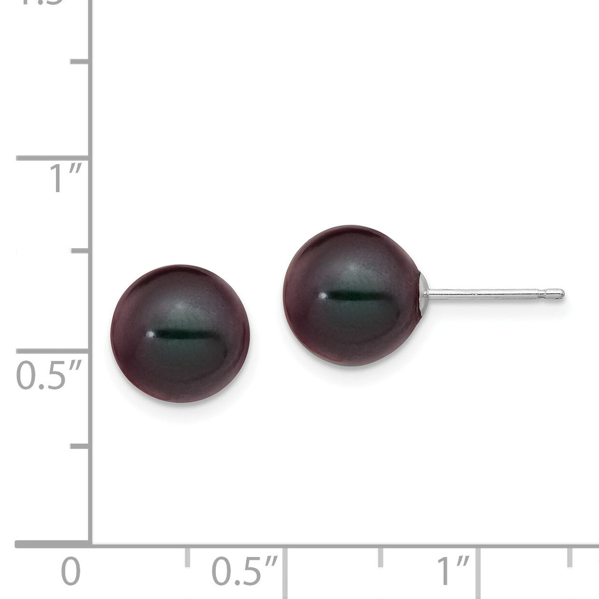 14k White Gold 9-10mm Black Round FW Cultured Pearl Stud Post Earrings-XW90PB