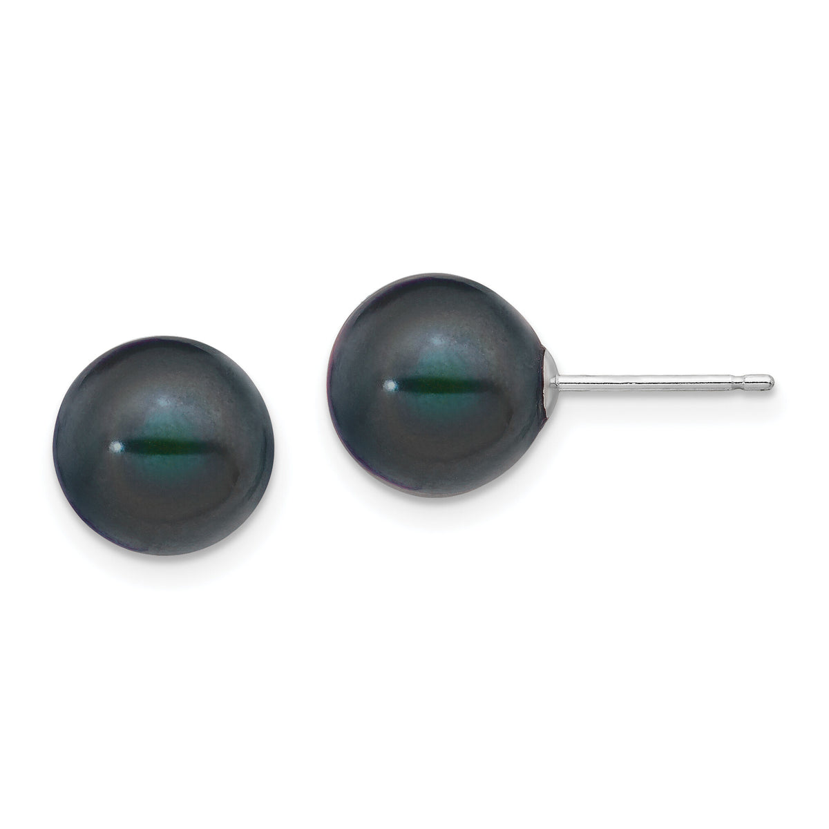 14k White Gold 9-10mm Black Round FW Cultured Pearl Stud Post Earrings-XW90PB