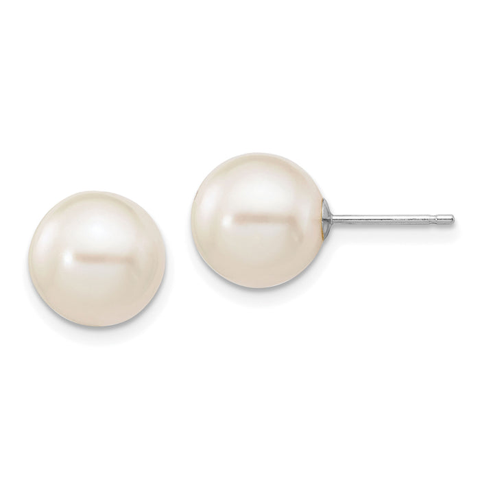 14k White Gold 9-10mm White Round FW Cultured Pearl Stud Post Earrings-XW90PW