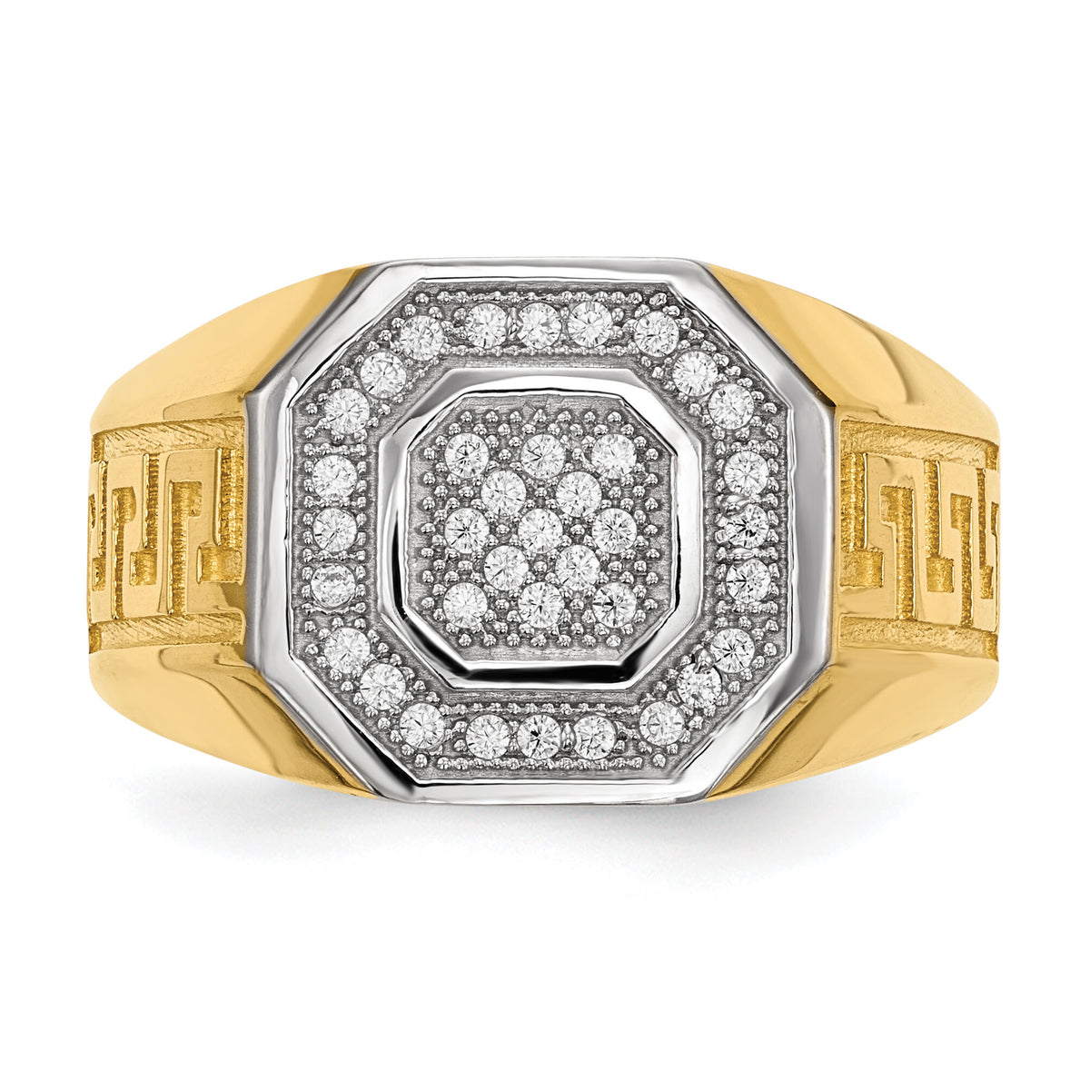 14kw/ Rhodium Mens Micro Pave CZ Octagon & Greek Key Ring-Y13802