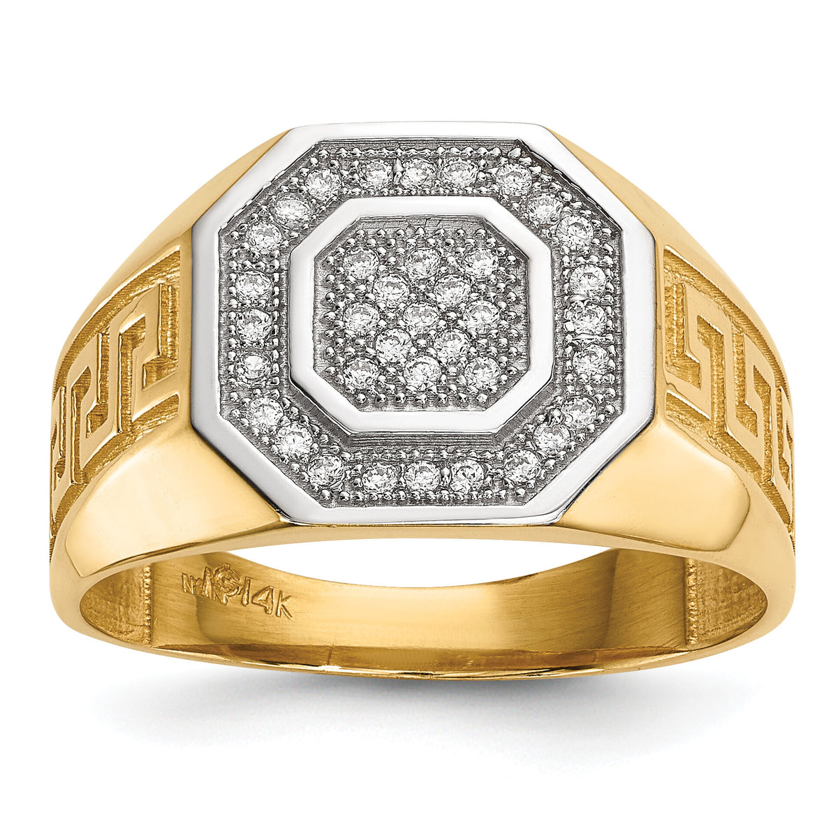 14kw/ Rhodium Mens Micro Pave CZ Octagon & Greek Key Ring-Y13802