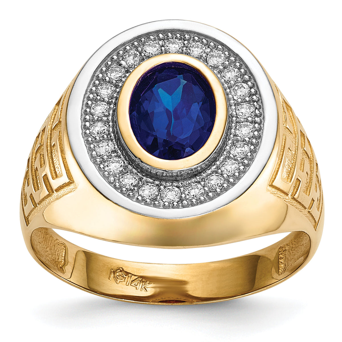 14k w/ Rhodium CZ & Oval Blue CZ Mens Ring-Y13803