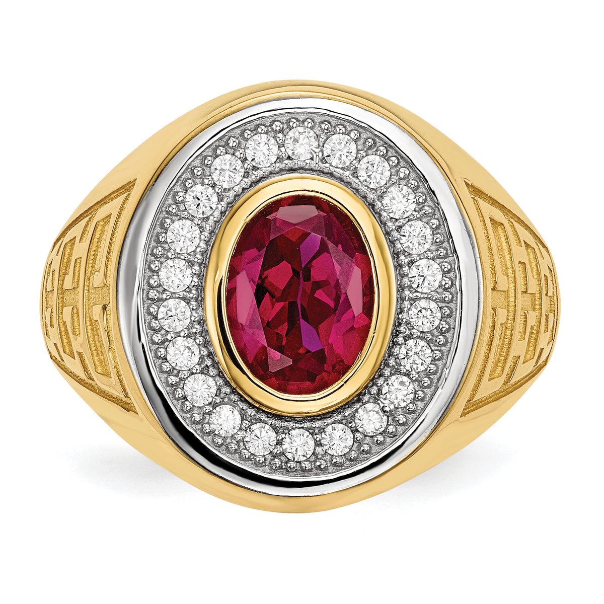 14k w/ Rhodium CZ & Oval Red CZ Mens Ring-Y13804