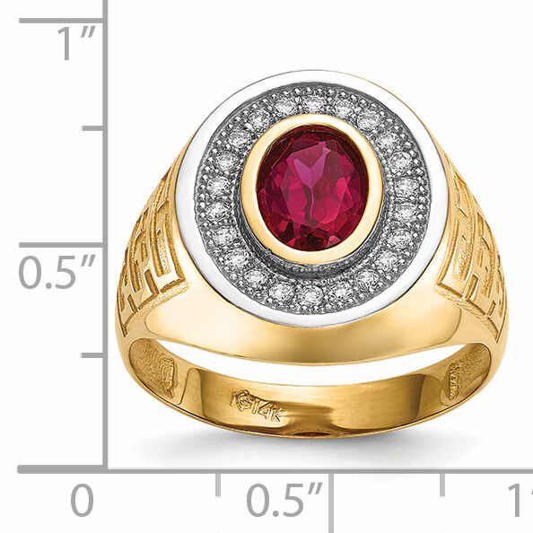 14k w/ Rhodium CZ & Oval Red CZ Mens Ring-Y13804
