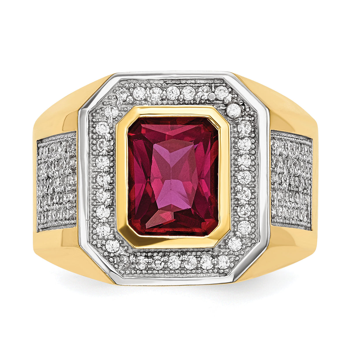 14k w/Rhodium CZ & Emerald-cut Red CZ Mens Ring-Y13806