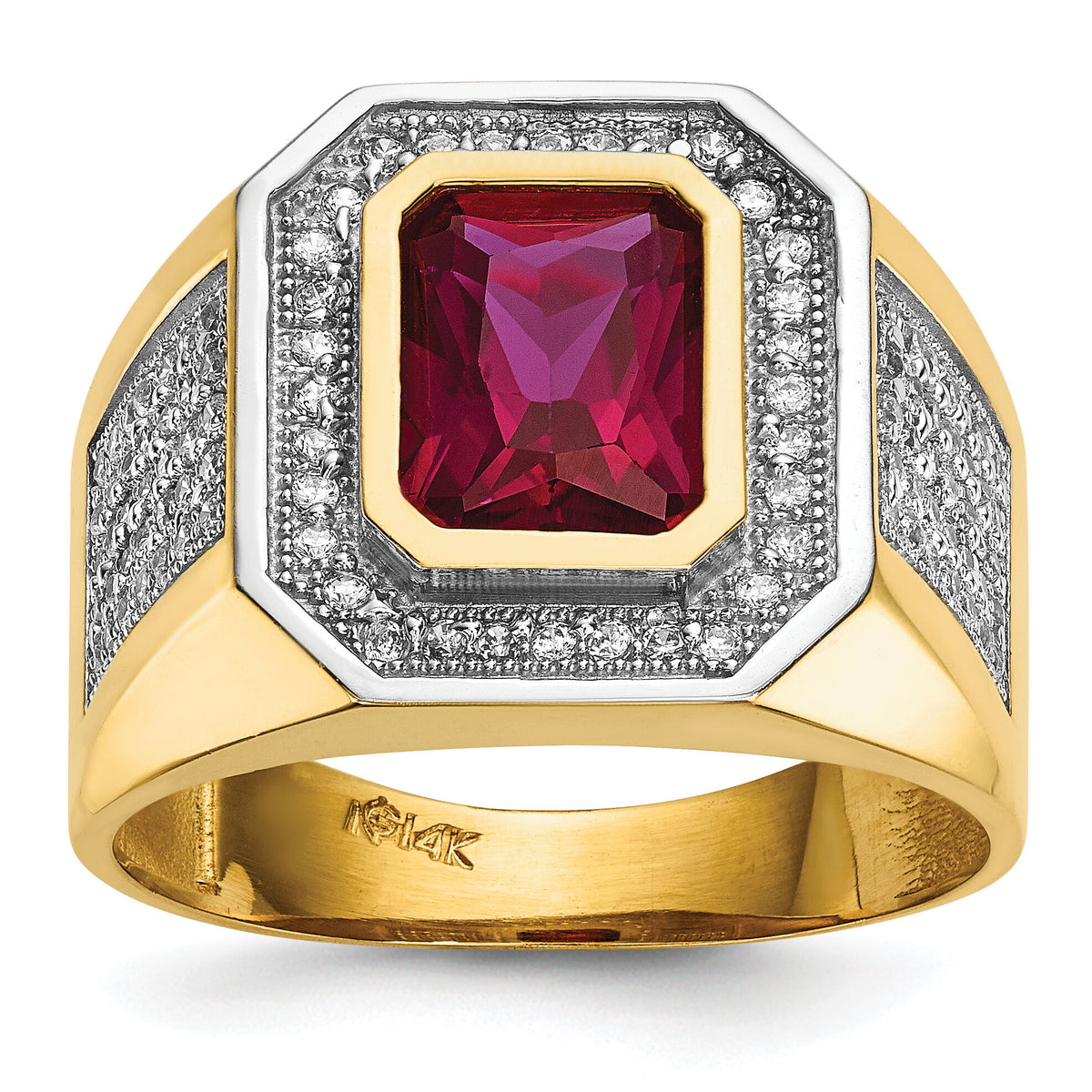 14k w/Rhodium CZ & Emerald-cut Red CZ Mens Ring-Y13806