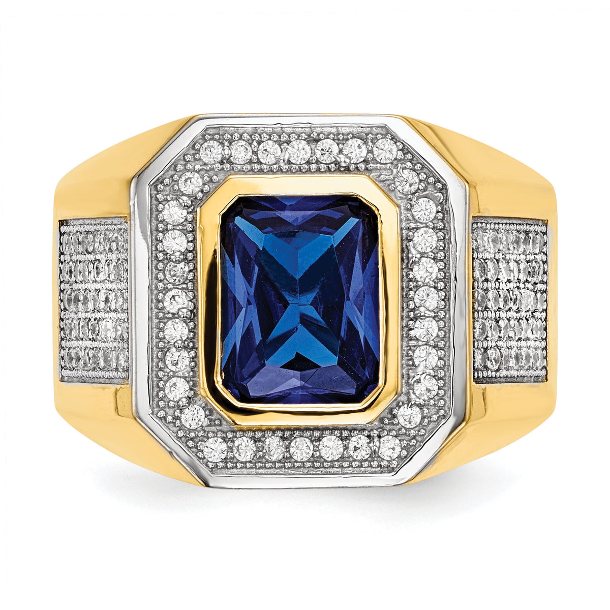 14k w/ Rhodium CZ & Emerald-cut Blue CZ Mens Ring-Y13807