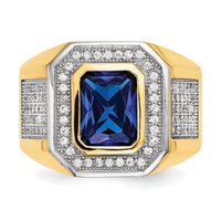 14k w/ Rhodium CZ & Emerald-cut Blue CZ Mens Ring-Y13807