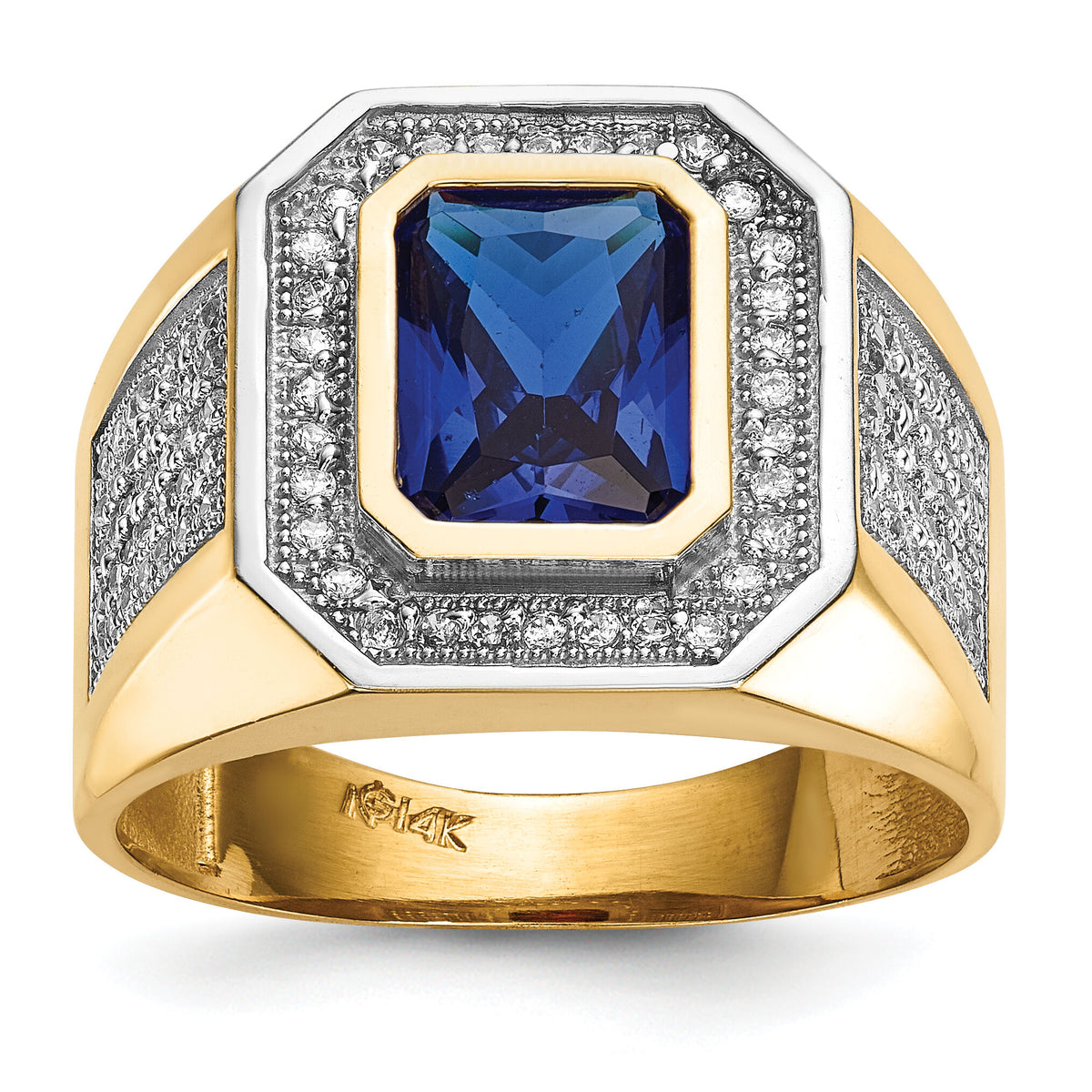 14k w/ Rhodium CZ & Emerald-cut Blue CZ Mens Ring-Y13807