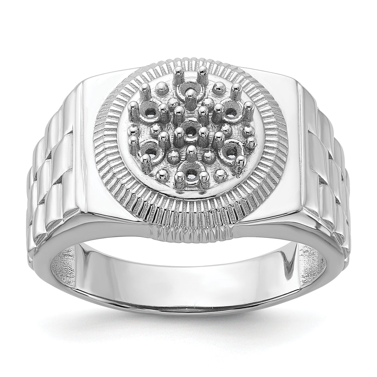 14k White Gold Ridged-Side Circular Top Mens Diamond Ring Mounting-Y1518