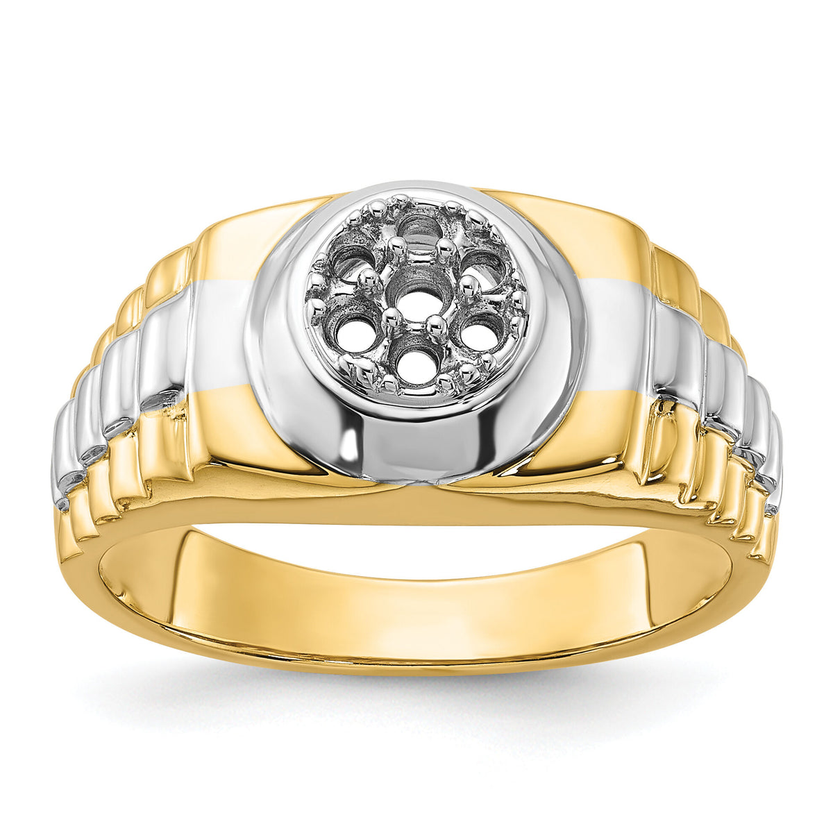 14k Two-Tone Ridged-Sides Circular Top Mens Ring Mounting-Y1526