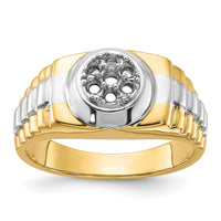 14k Two-Tone Ridged-Sides Circular Top Mens Ring Mounting-Y1526