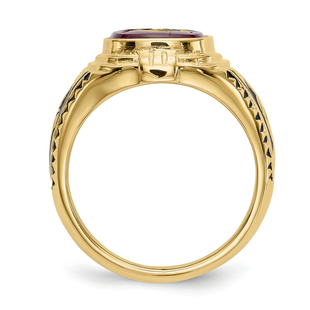 14k Men's Textured w/ Black Enamel & Lab Cr. Ruby Masonic Ring-Y1577M