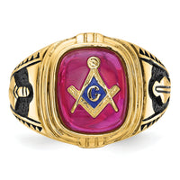 14k Men's Textured w/ Black Enamel & Lab Cr. Ruby Masonic Ring-Y1577M