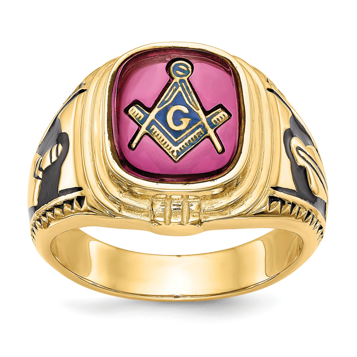 14k Men's Textured w/ Black Enamel & Lab Cr. Ruby Masonic Ring-Y1577M