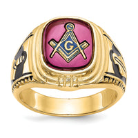 14k Men's Textured w/ Black Enamel & Lab Cr. Ruby Masonic Ring-Y1577M