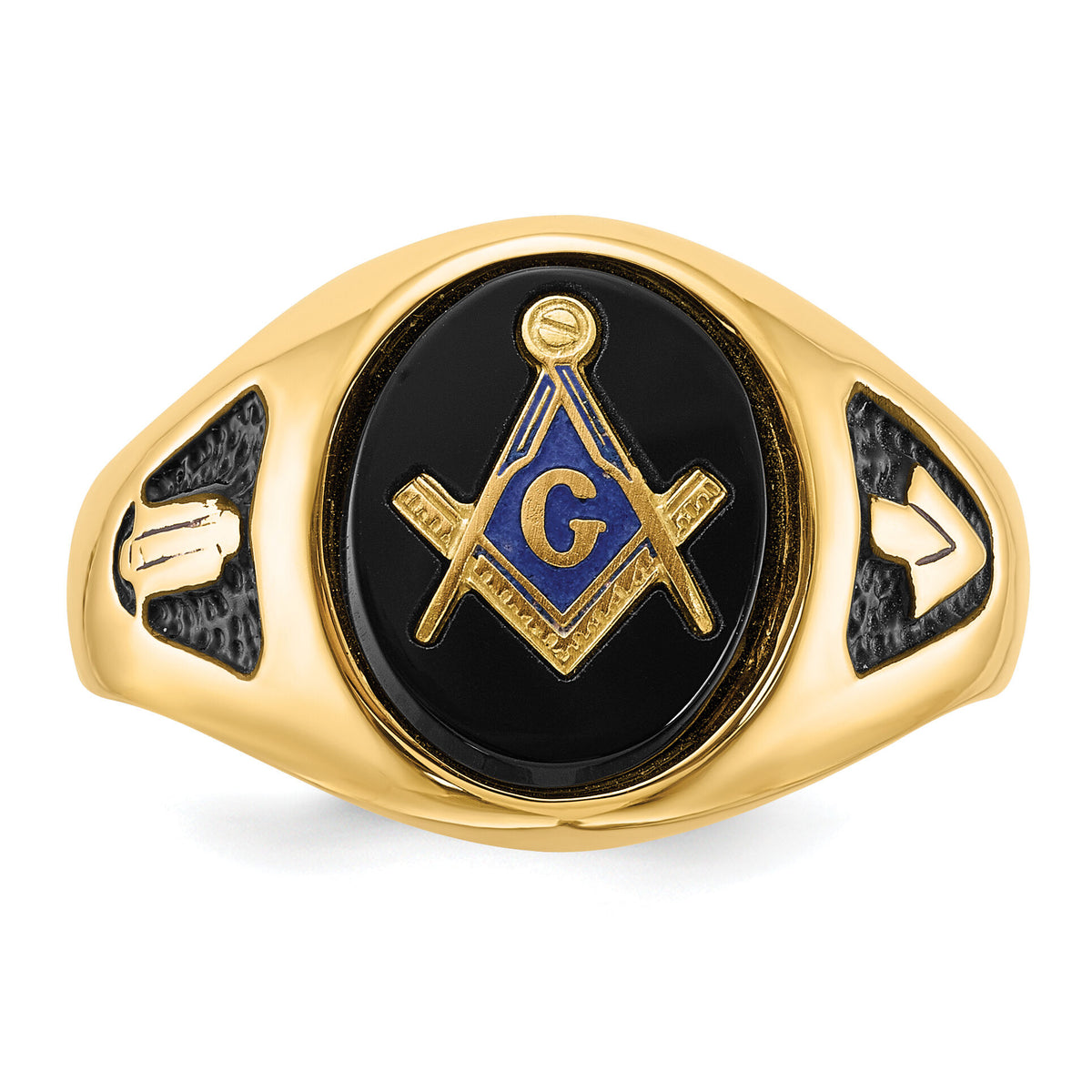 14k Men's Polished & Textured w/ Black Enamel & Onyx Masonic Ring-Y1581M