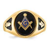 14k Men's Polished & Textured w/ Black Enamel & Onyx Masonic Ring-Y1581M