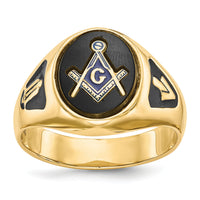 14k Men's Polished & Textured w/ Black Enamel & Onyx Masonic Ring-Y1581M