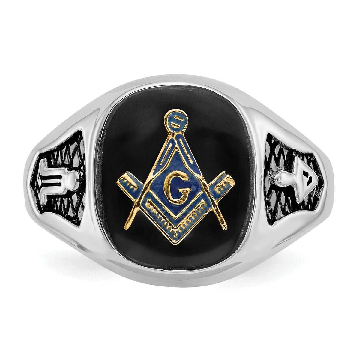 14kw Men's Polished & Textured w/ Black Enamel & Onyx Masonic Ring-Y1582M