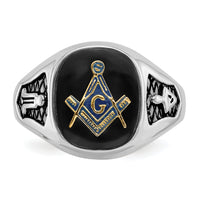 14kw Men's Polished & Textured w/ Black Enamel & Onyx Masonic Ring-Y1582M