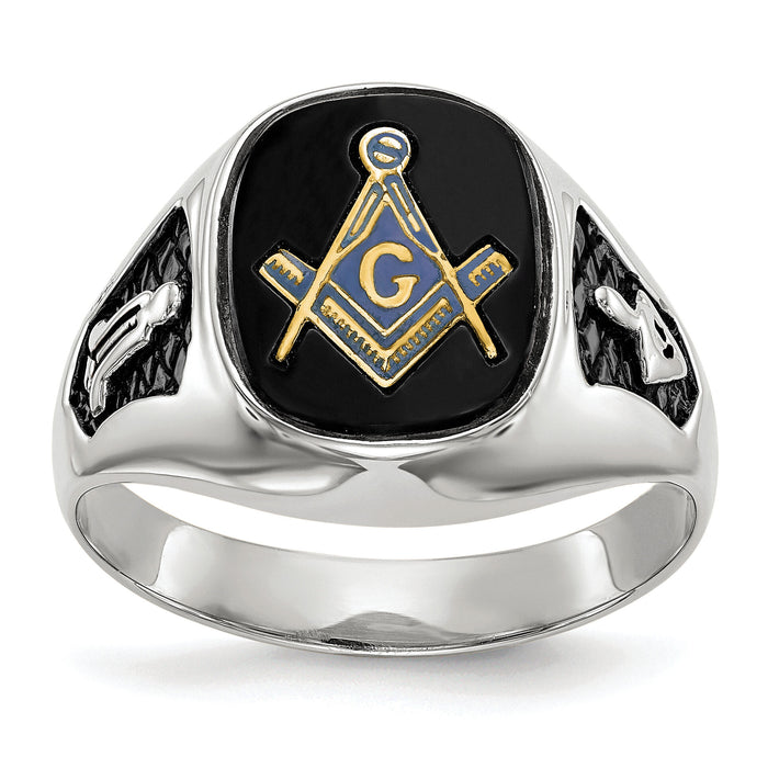 14kw Men's Polished & Textured w/ Black Enamel & Onyx Masonic Ring-Y1582M