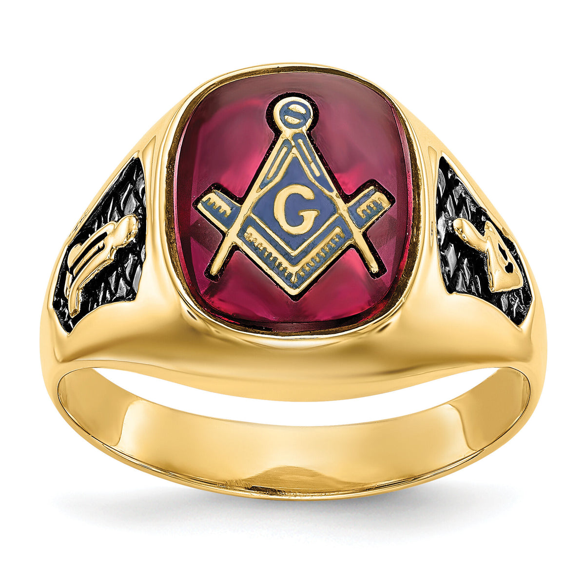 14k Men's Textured w/ Black Enamel & Lab Cr. Ruby Masonic Ring-Y1583M