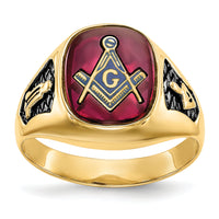 14k Men's Textured w/ Black Enamel & Lab Cr. Ruby Masonic Ring-Y1583M