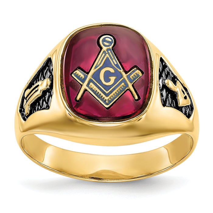 14k Men's Textured w/ Black Enamel & Lab Cr. Ruby Masonic Ring-Y1583M