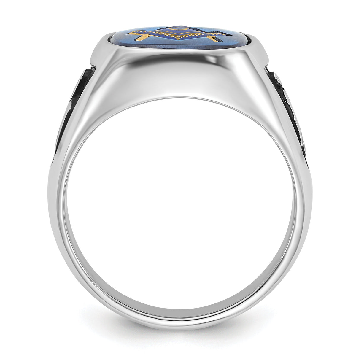 14kw Men's Textured w/ Black Enamel & Imit. Blue Spinel Masonic Ring-Y1584M