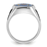 14kw Men's Textured w/ Black Enamel & Imit. Blue Spinel Masonic Ring-Y1584M