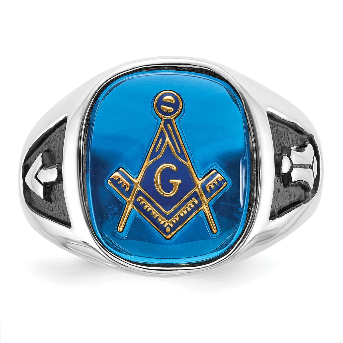 14kw Men's Textured w/ Black Enamel & Imit. Blue Spinel Masonic Ring-Y1584M