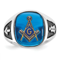 14kw Men's Textured w/ Black Enamel & Imit. Blue Spinel Masonic Ring-Y1584M