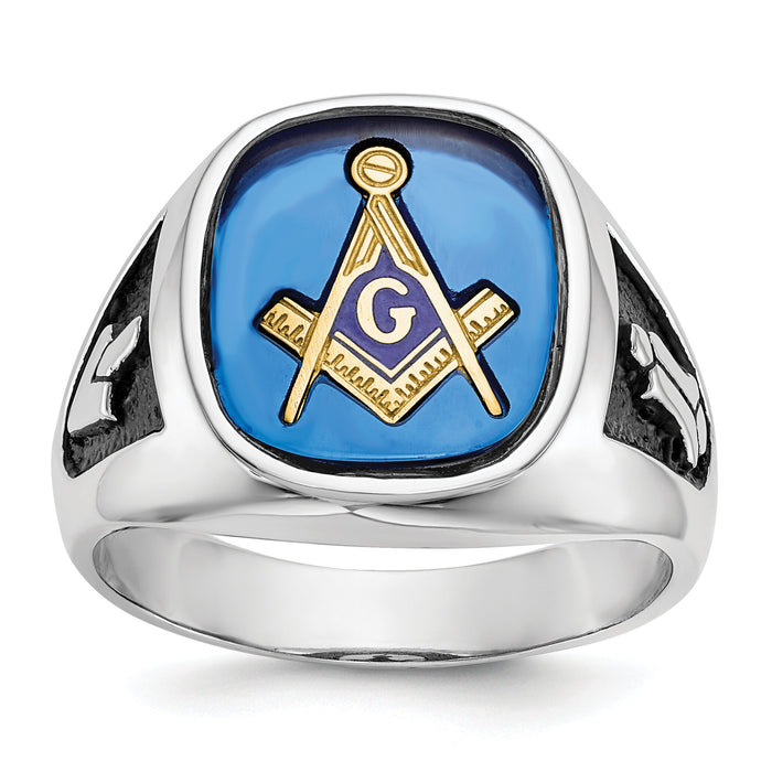14kw Men's Textured w/ Black Enamel & Imit. Blue Spinel Masonic Ring-Y1584M