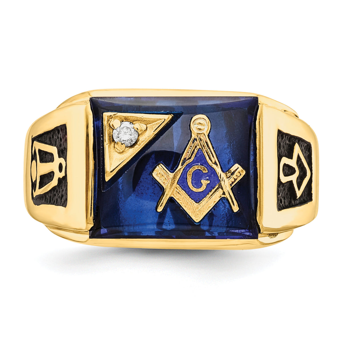 14k Men's Textured w/ Black Enamel Imit. Blue Spinel Dia Masonic Ring-Y1586MAA