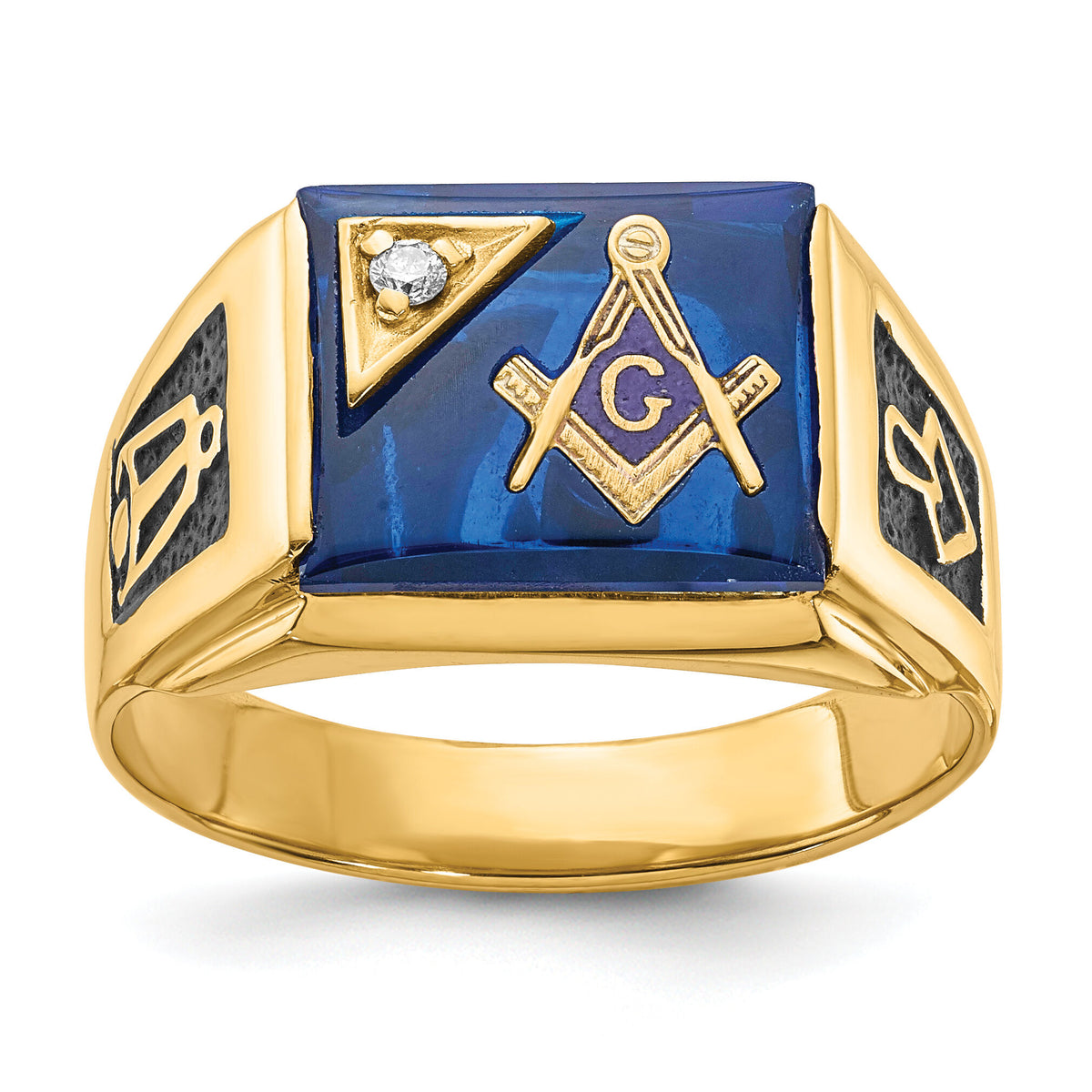 14k Men's Textured w/ Black Enamel Imit. Blue Spinel Dia Masonic Ring-Y1586MAA