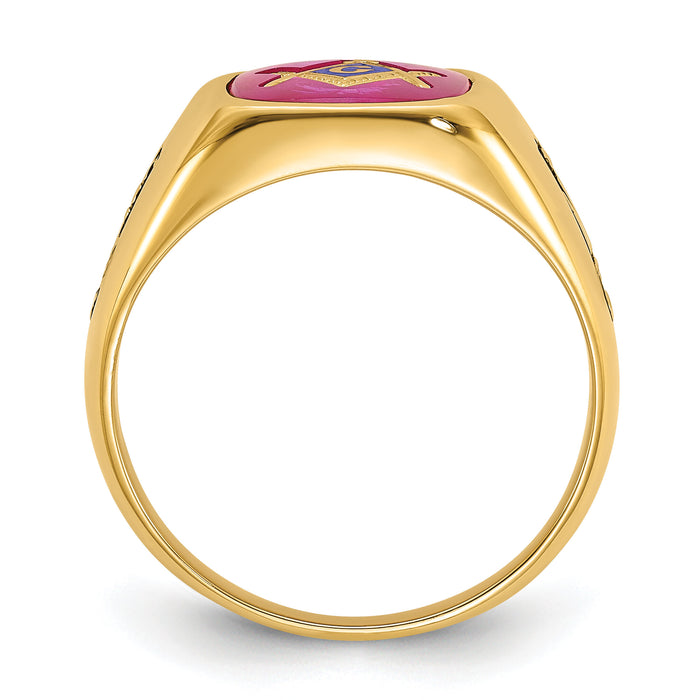 14k Men's Textured w/ Black Enamel & Lab Cr. Ruby Masonic Ring-Y1588M
