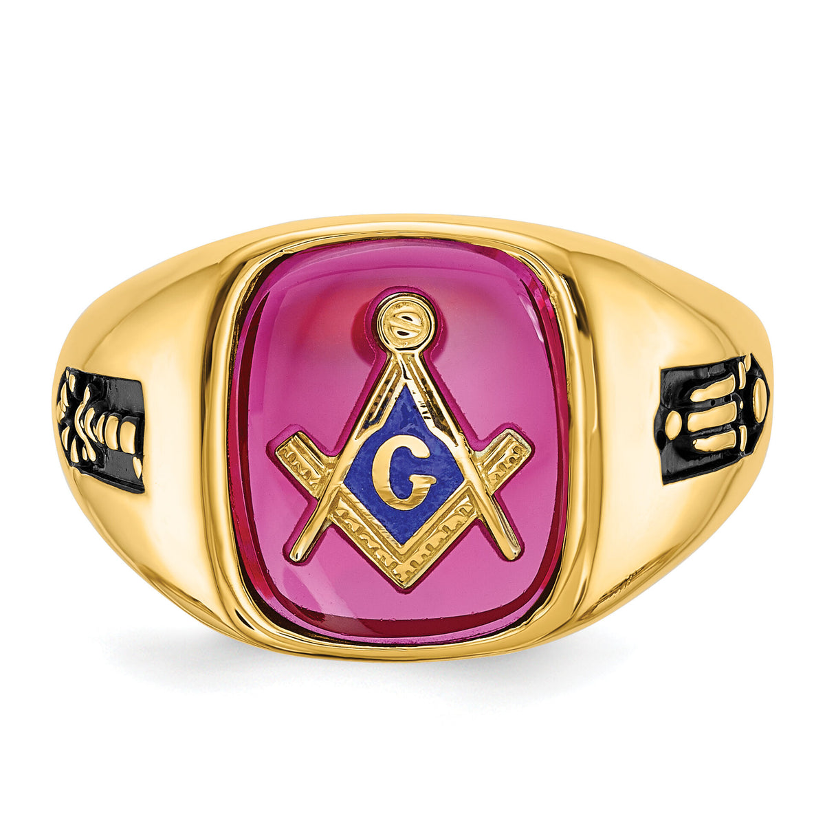 14k Men's Textured w/ Black Enamel & Lab Cr. Ruby Masonic Ring-Y1588M