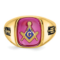 14k Men's Textured w/ Black Enamel & Lab Cr. Ruby Masonic Ring-Y1588M