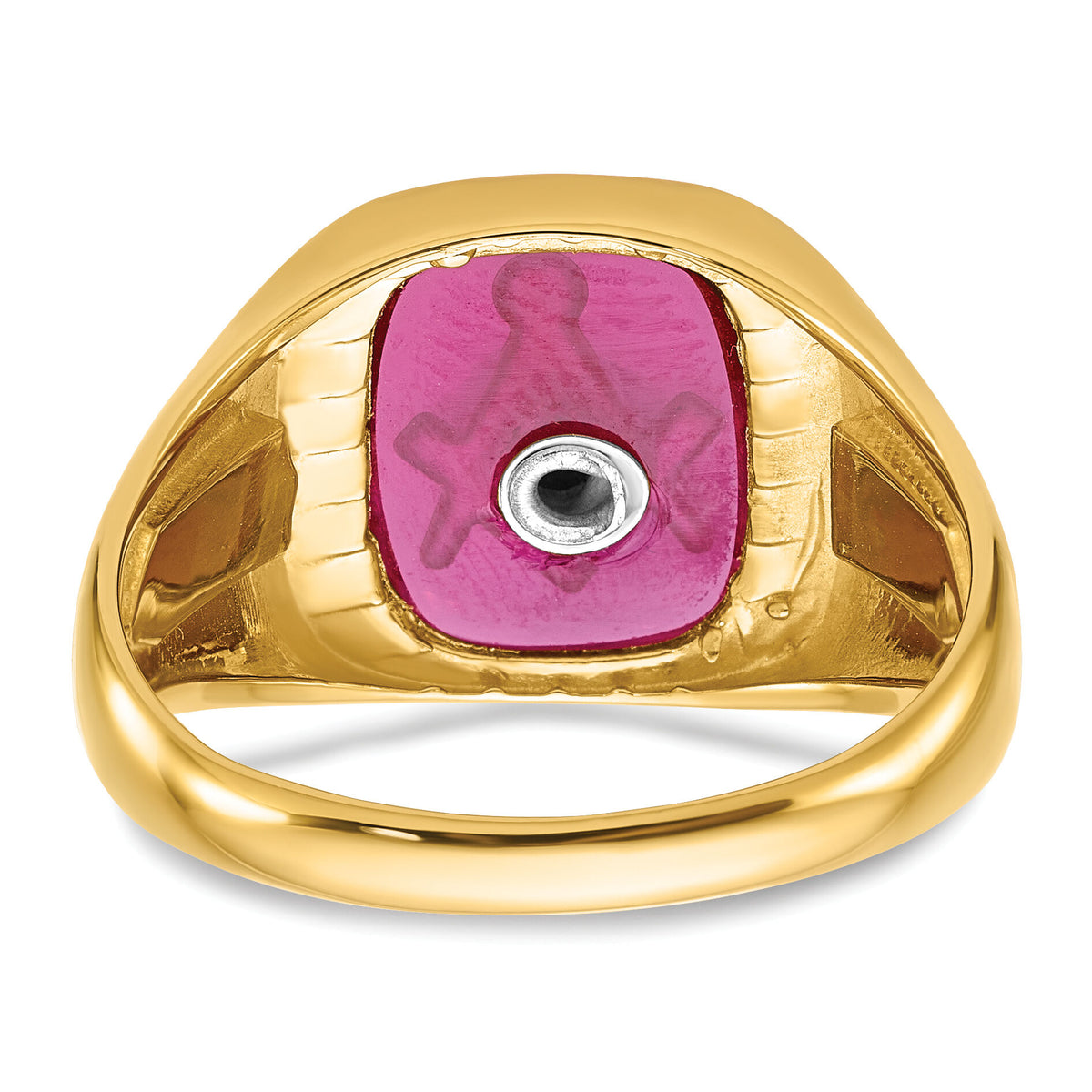 14k Men's Textured w/ Black Enamel & Lab Cr. Ruby Masonic Ring-Y1588M