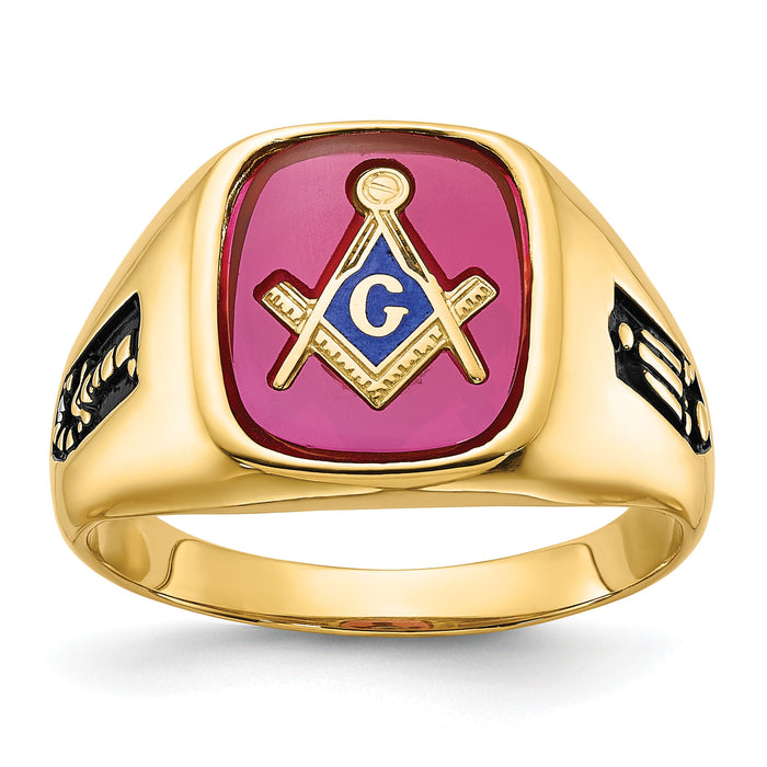 14k Men's Textured w/ Black Enamel & Lab Cr. Ruby Masonic Ring-Y1588M