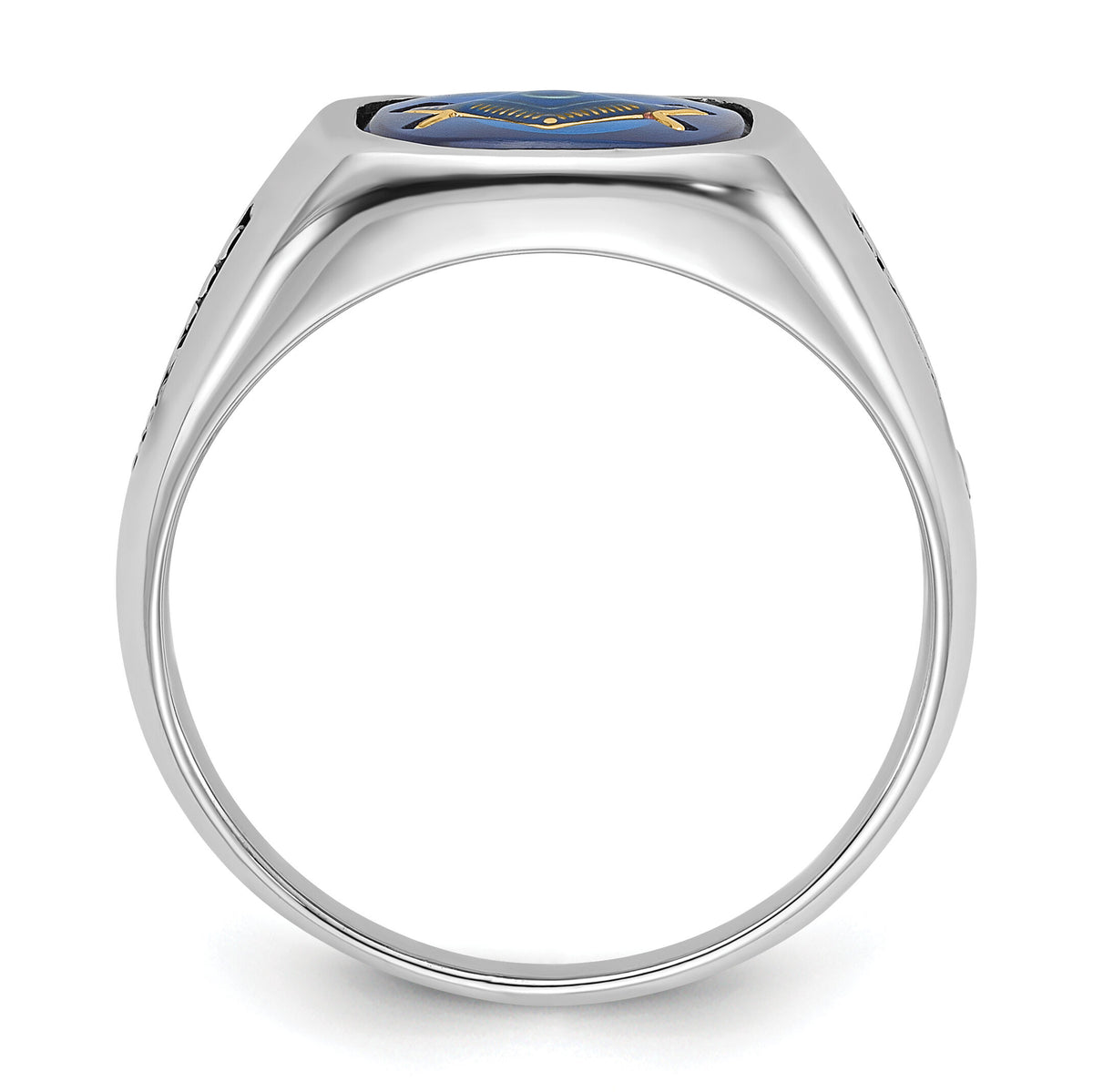 14kw Men's Grooved w/ Black Enamel & Imit. Blue Spinel Masonic Ring-Y1589M