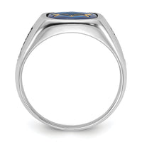 14kw Men's Grooved w/ Black Enamel & Imit. Blue Spinel Masonic Ring-Y1589M