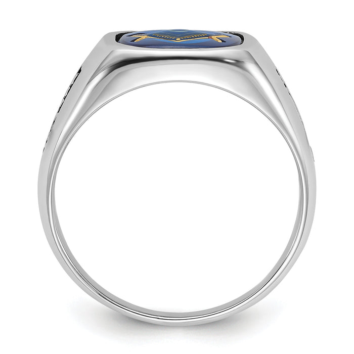 14kw Men's Grooved w/ Black Enamel & Imit. Blue Spinel Masonic Ring-Y1589M